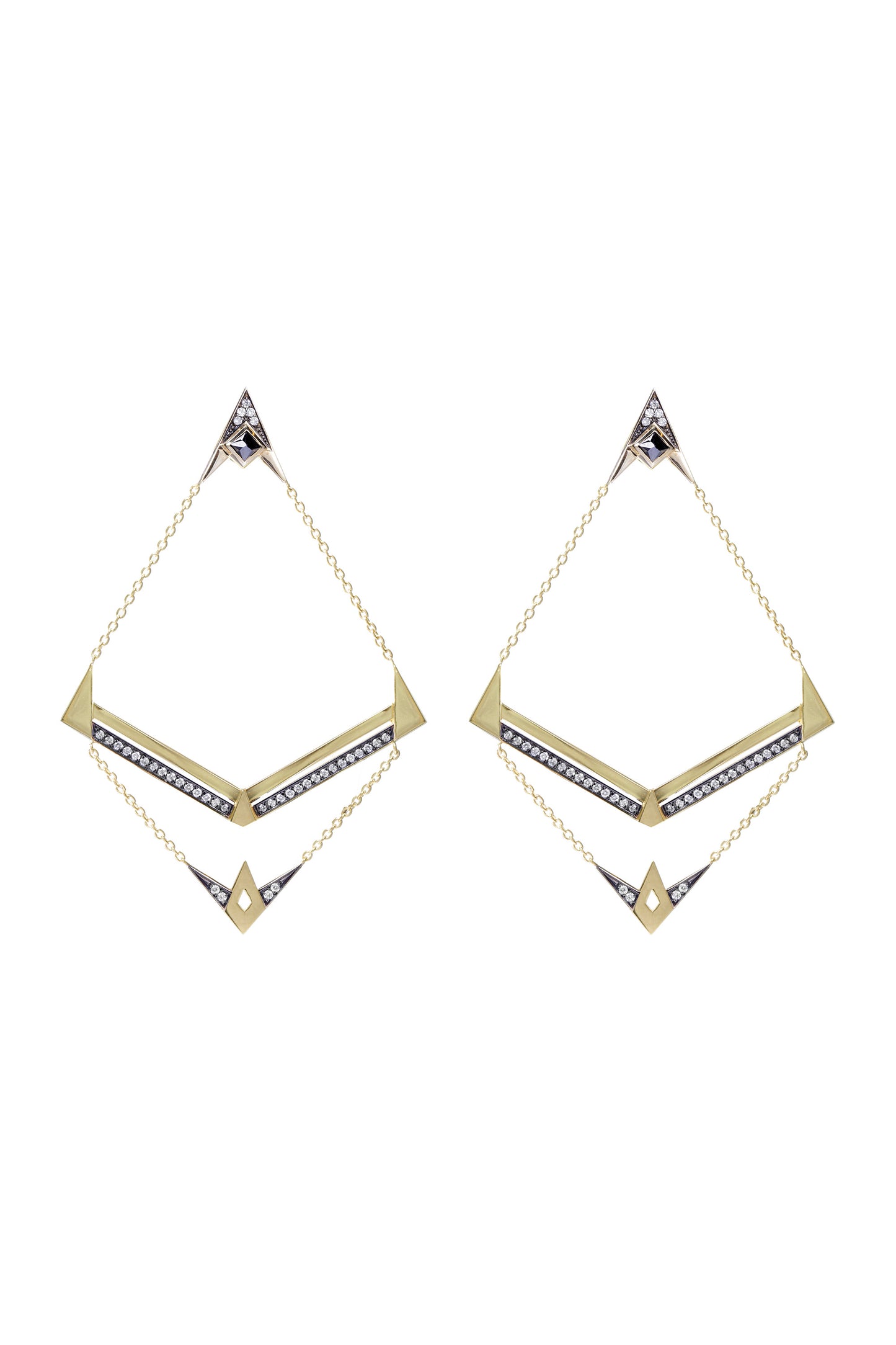 Black diamond earrings with white diamonds in 18k yellow gold
