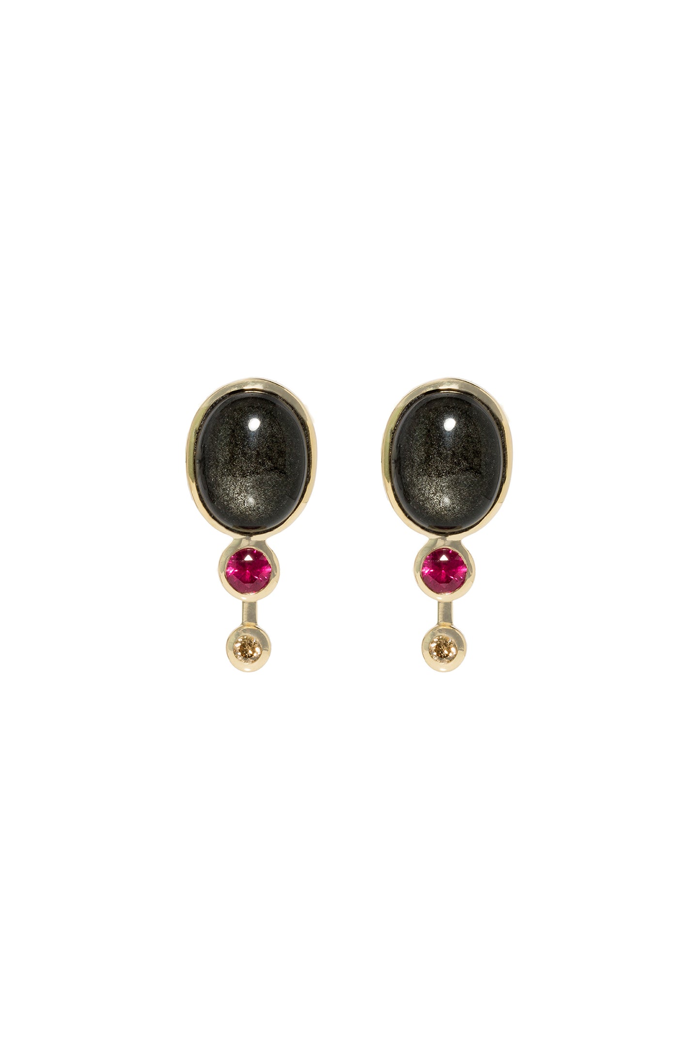 Vulcanic stone earrings with rubies and brown diamonds in 18k yellow gold