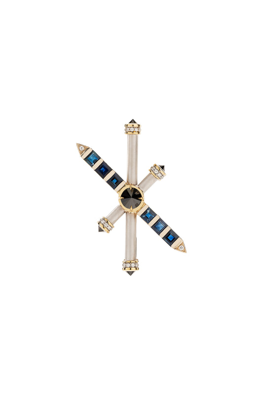 Blue Sapphires ARA X MR DEAN brooch with inverted black diamonds and diamonds in 18k white and yellow.