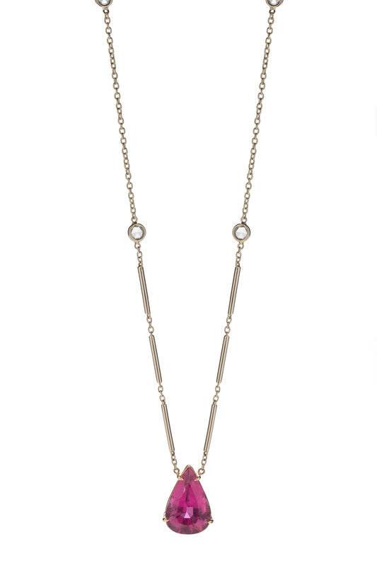 Rubellite necklace with white diamonds in 18k white and rose gold