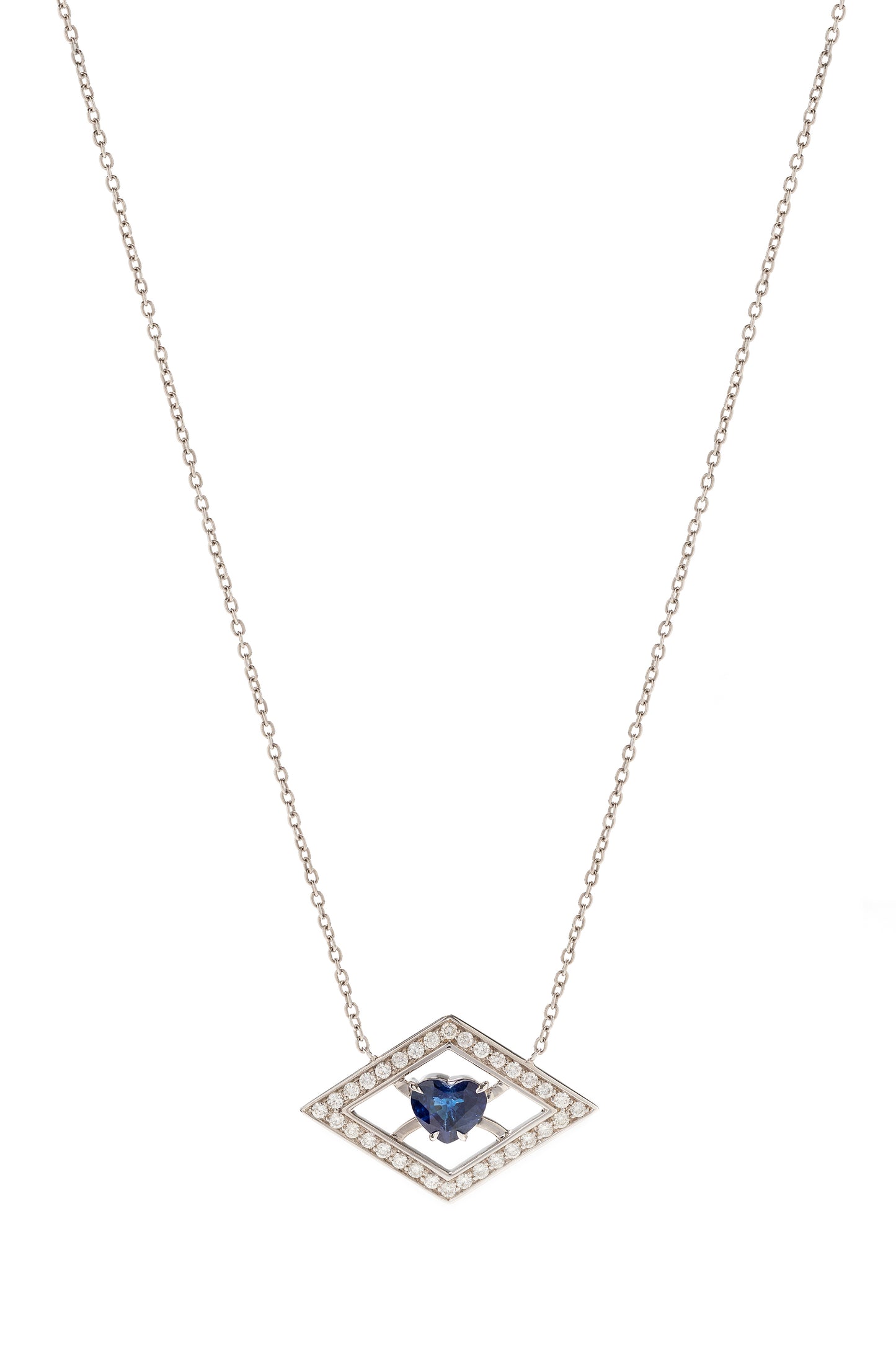 Blue sapphire pendant with white diamonds in 18k white gold