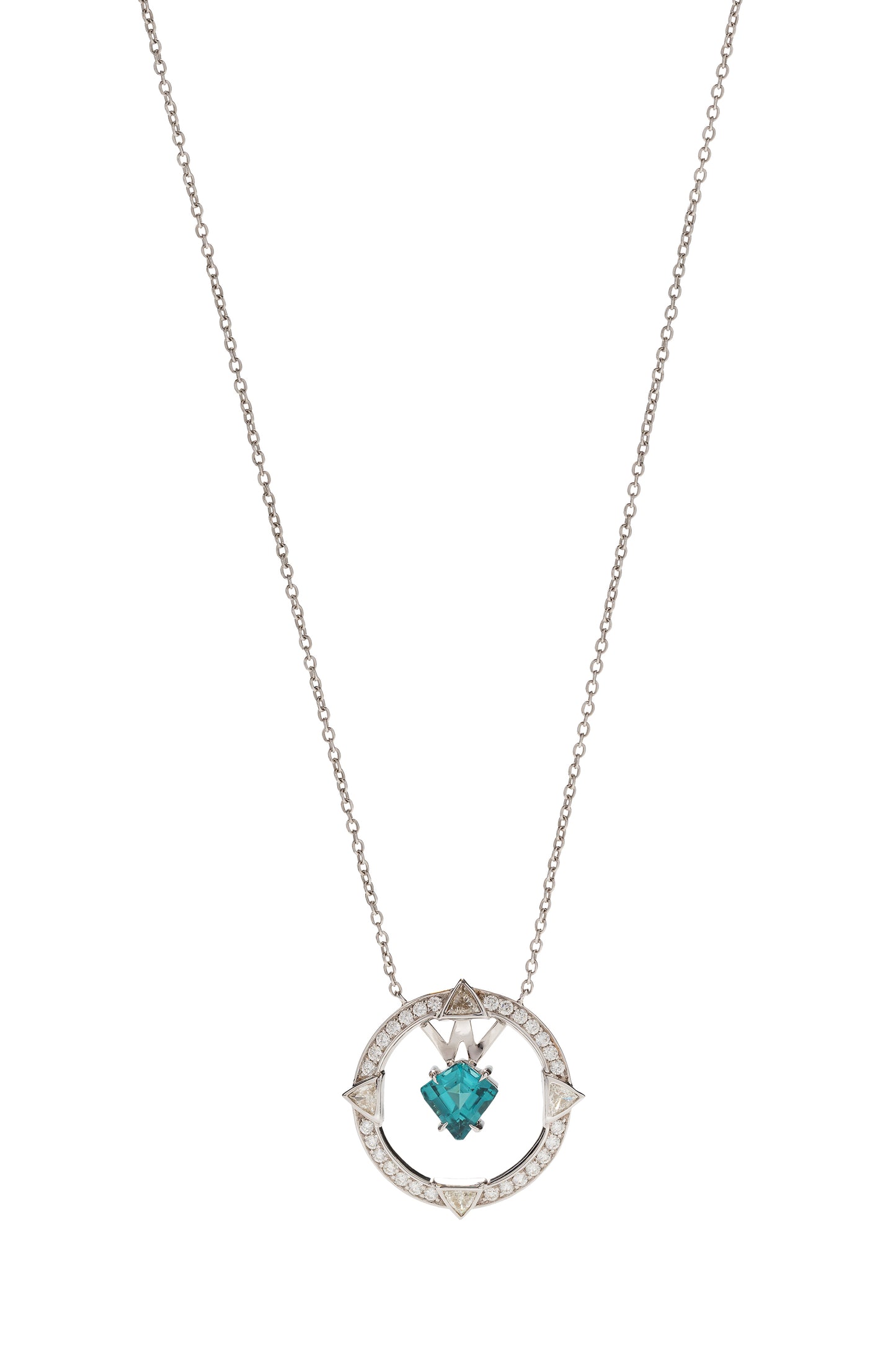 Indicolite tourmaline pendant with white diamonds in 18k white gold