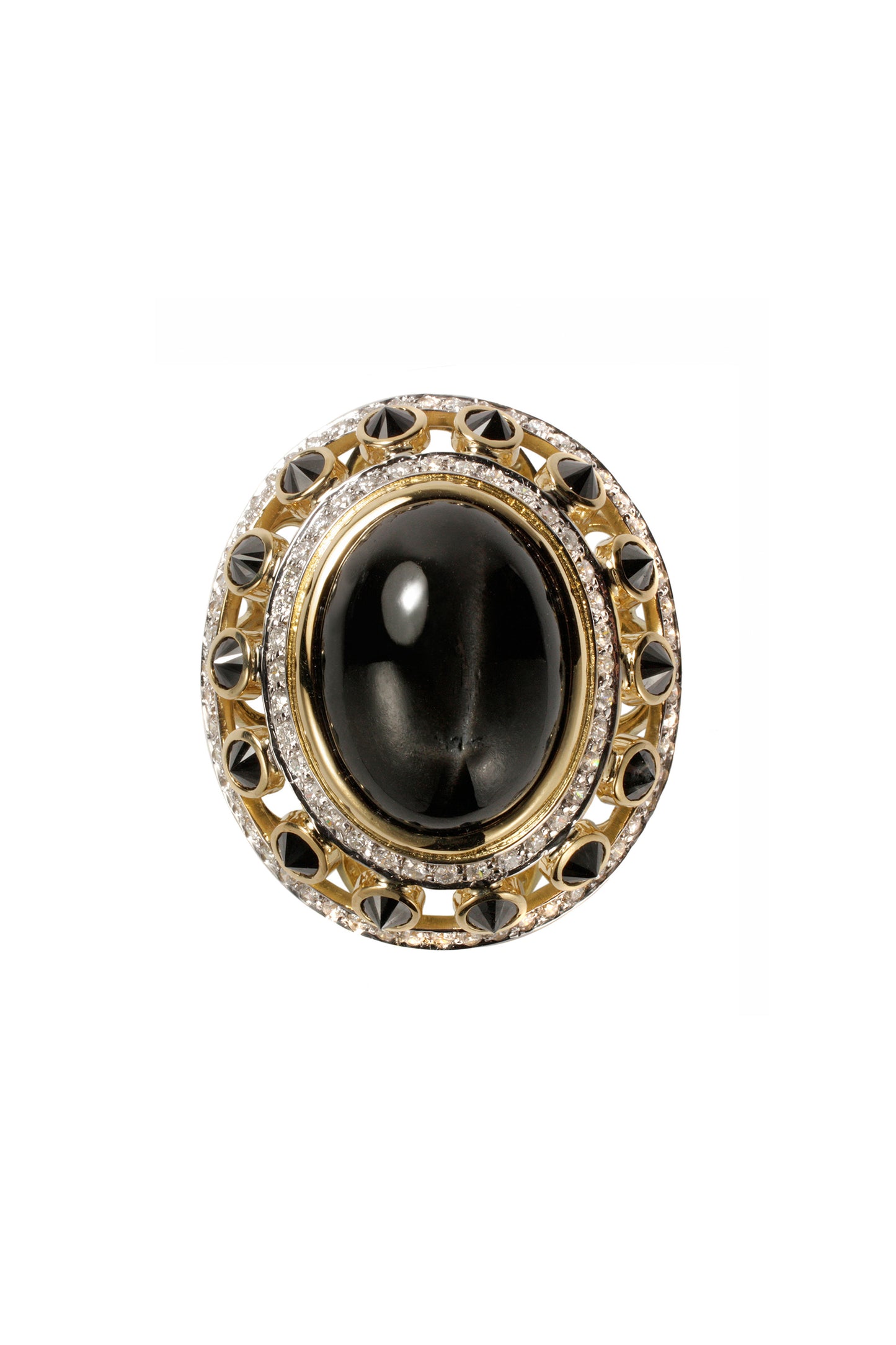 Black star ring with inverted black diamonds and white diamonds in 18k yellow gold