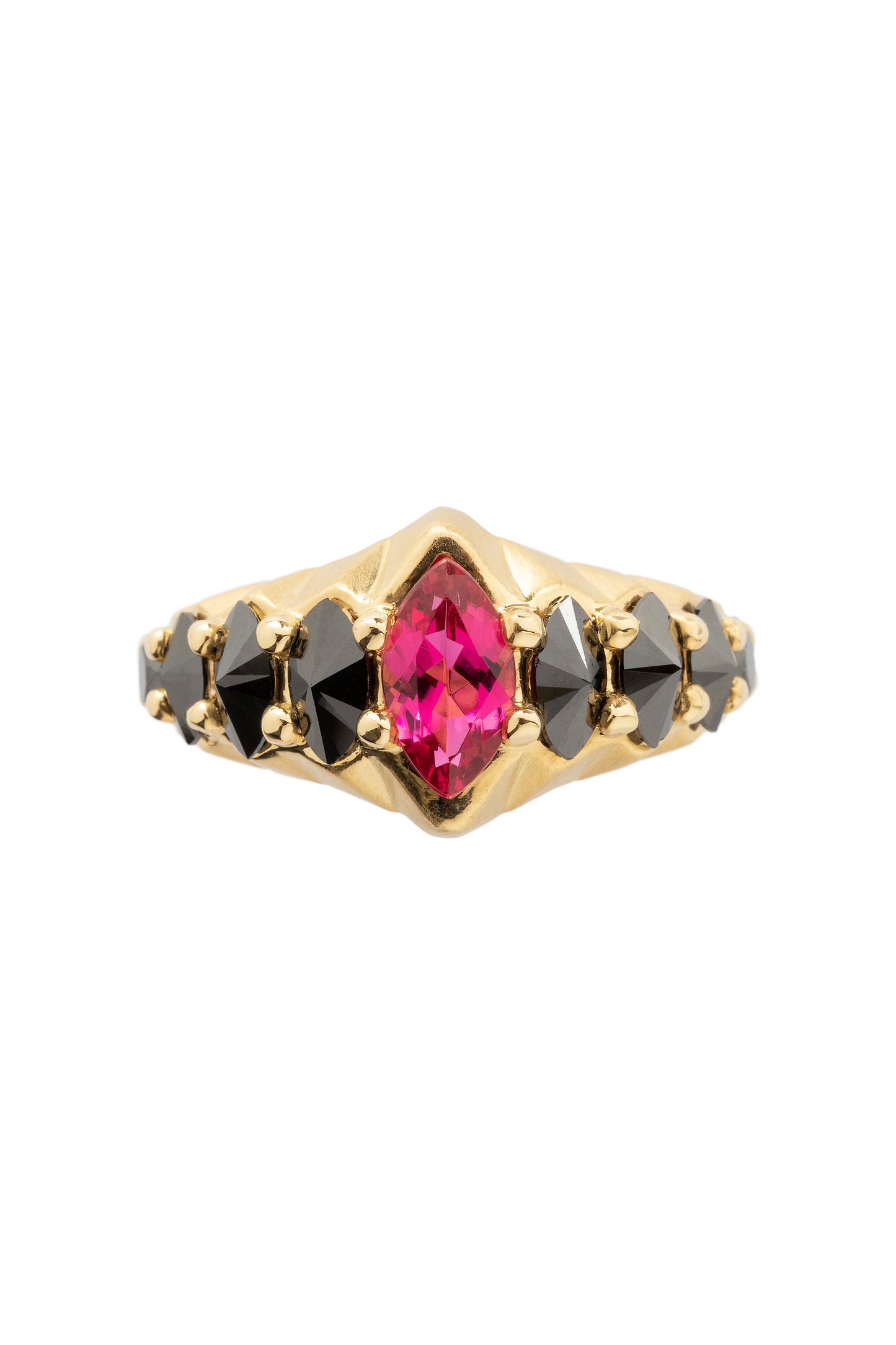 Rubellite ring with black diamonds in 18k yellow gold