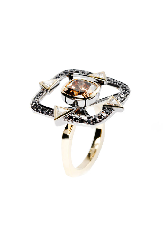 Brown diamond ring with  white and black diamonds in 18k yellow gold