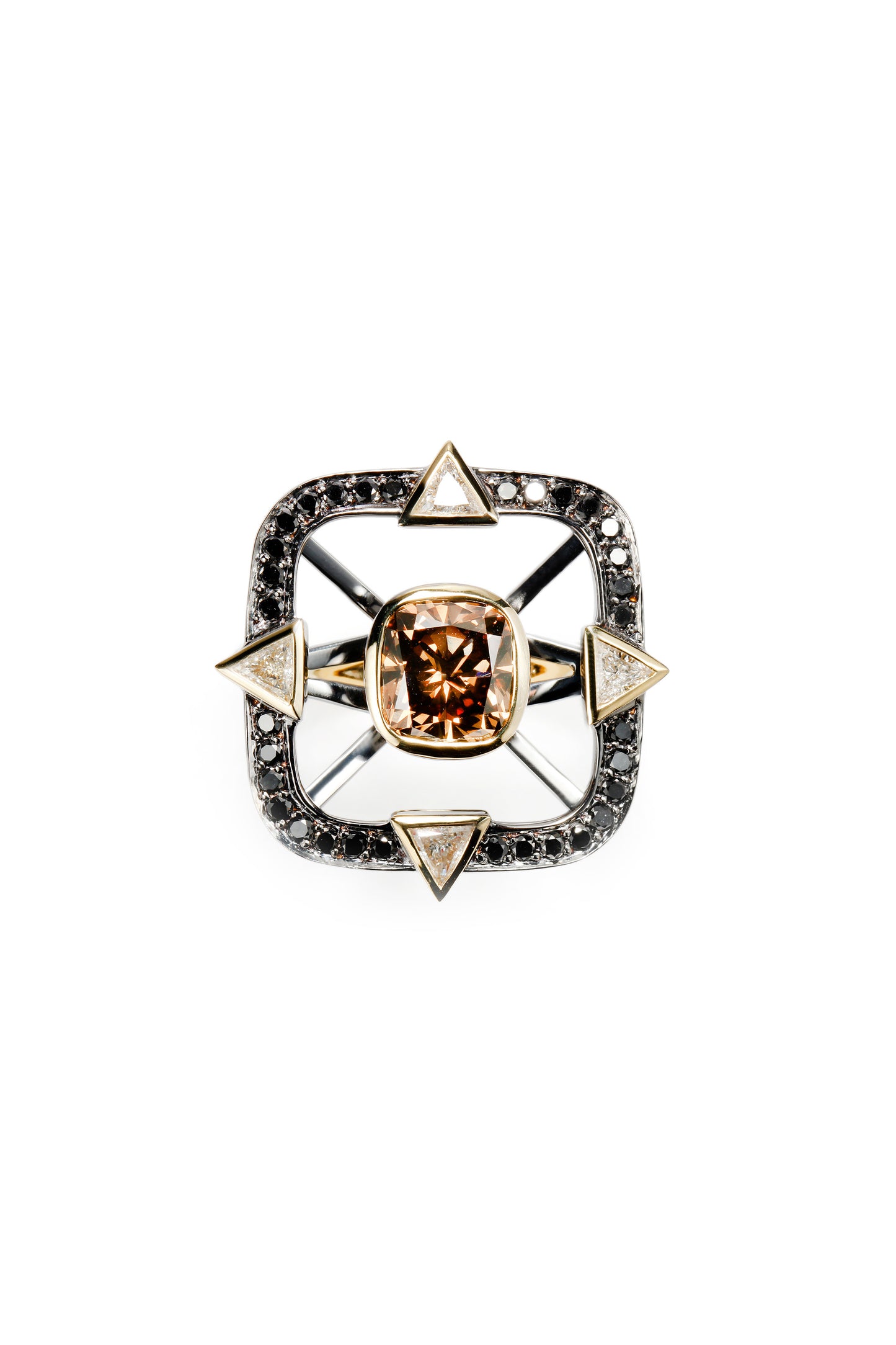 Brown diamond ring with white and black diamonds in 18k yellow gold