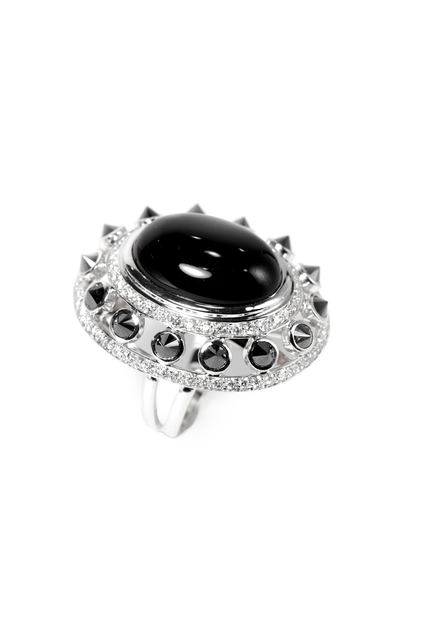 Onyx ring with inverted black diamonds and white diamonds in 18k white gold