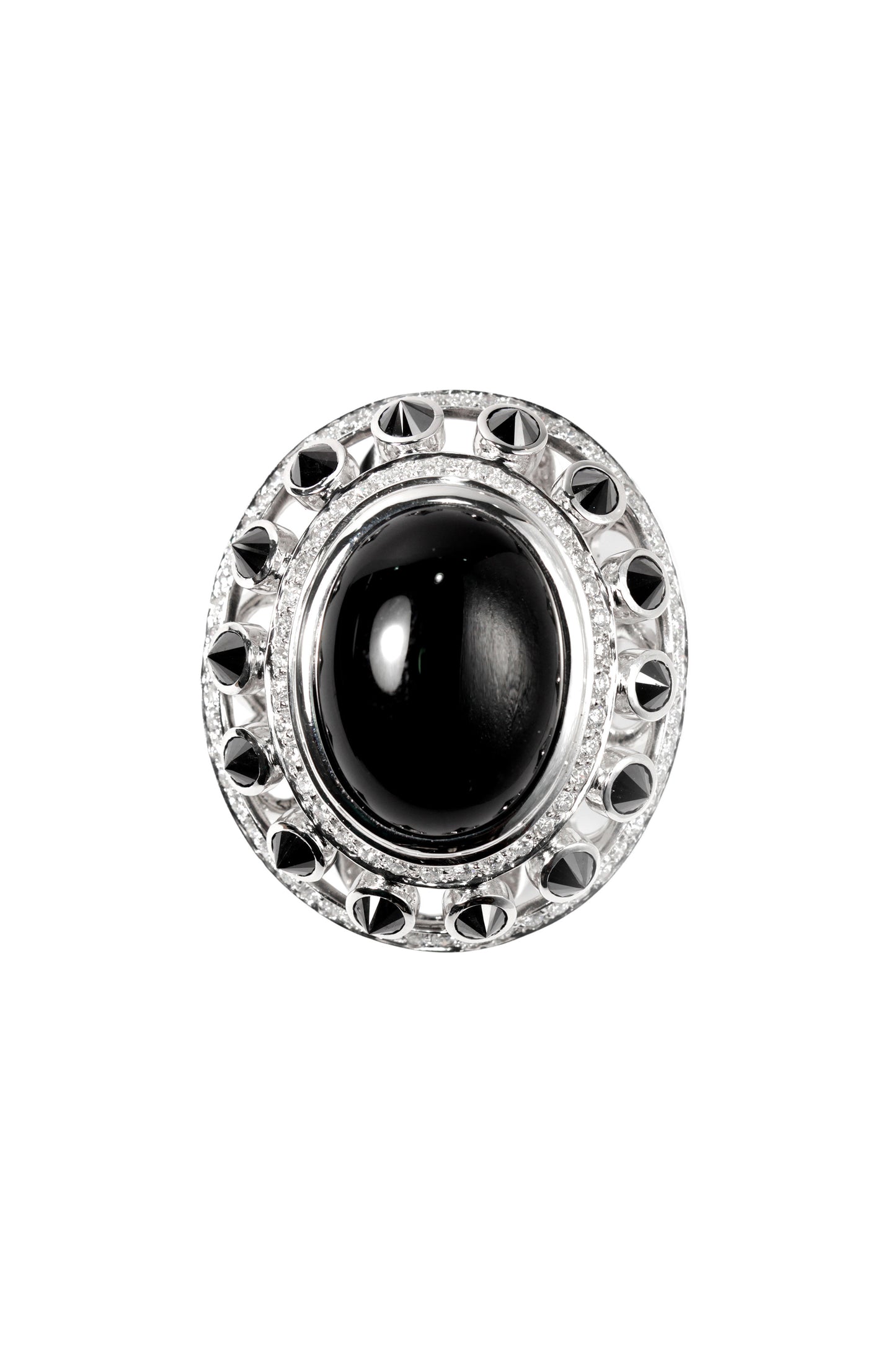 Onyx ring with inverted black diamonds and white diamonds in 18k white gold