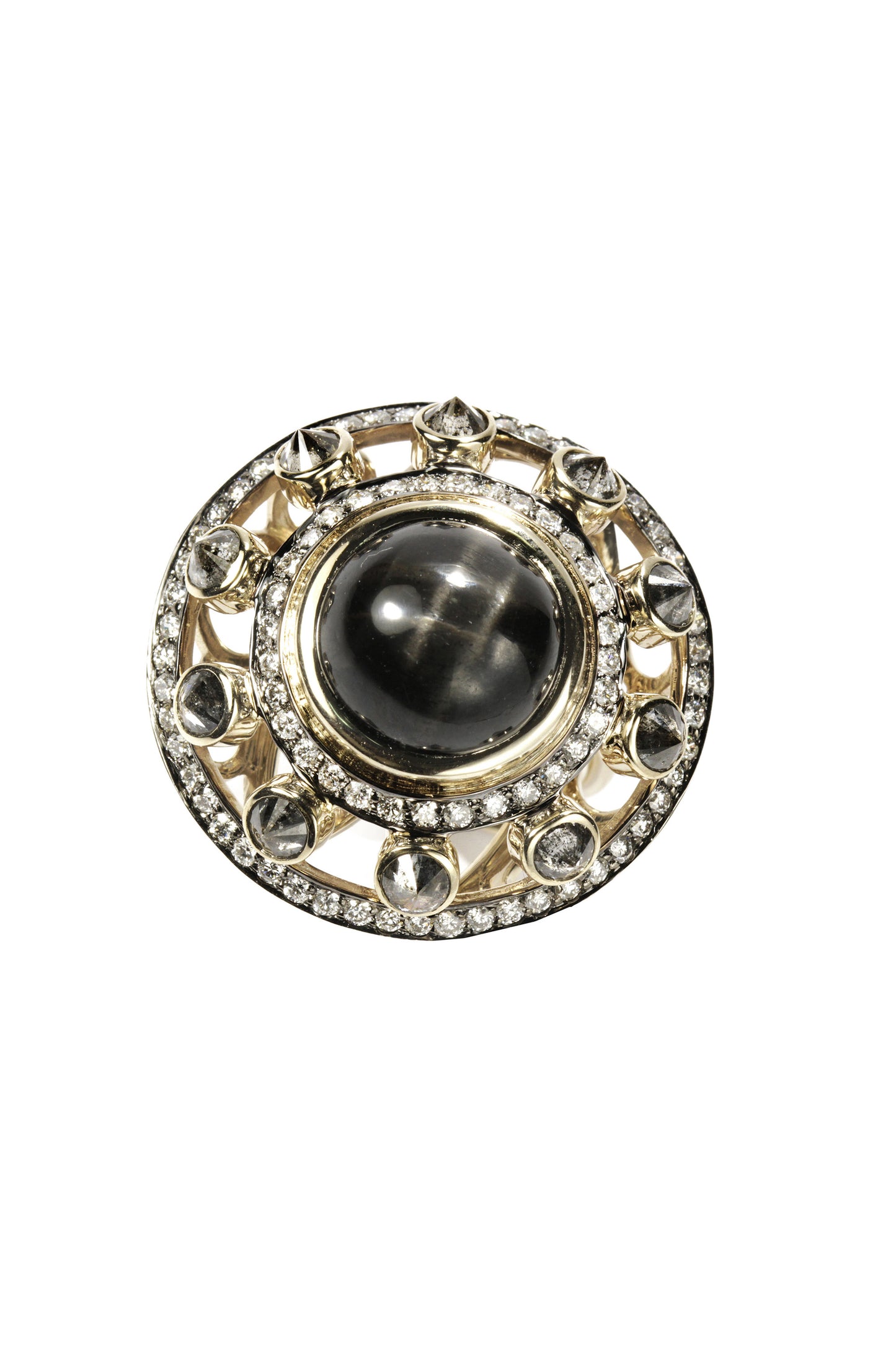 Black star ring with grey and white diamonds in 18k white gold