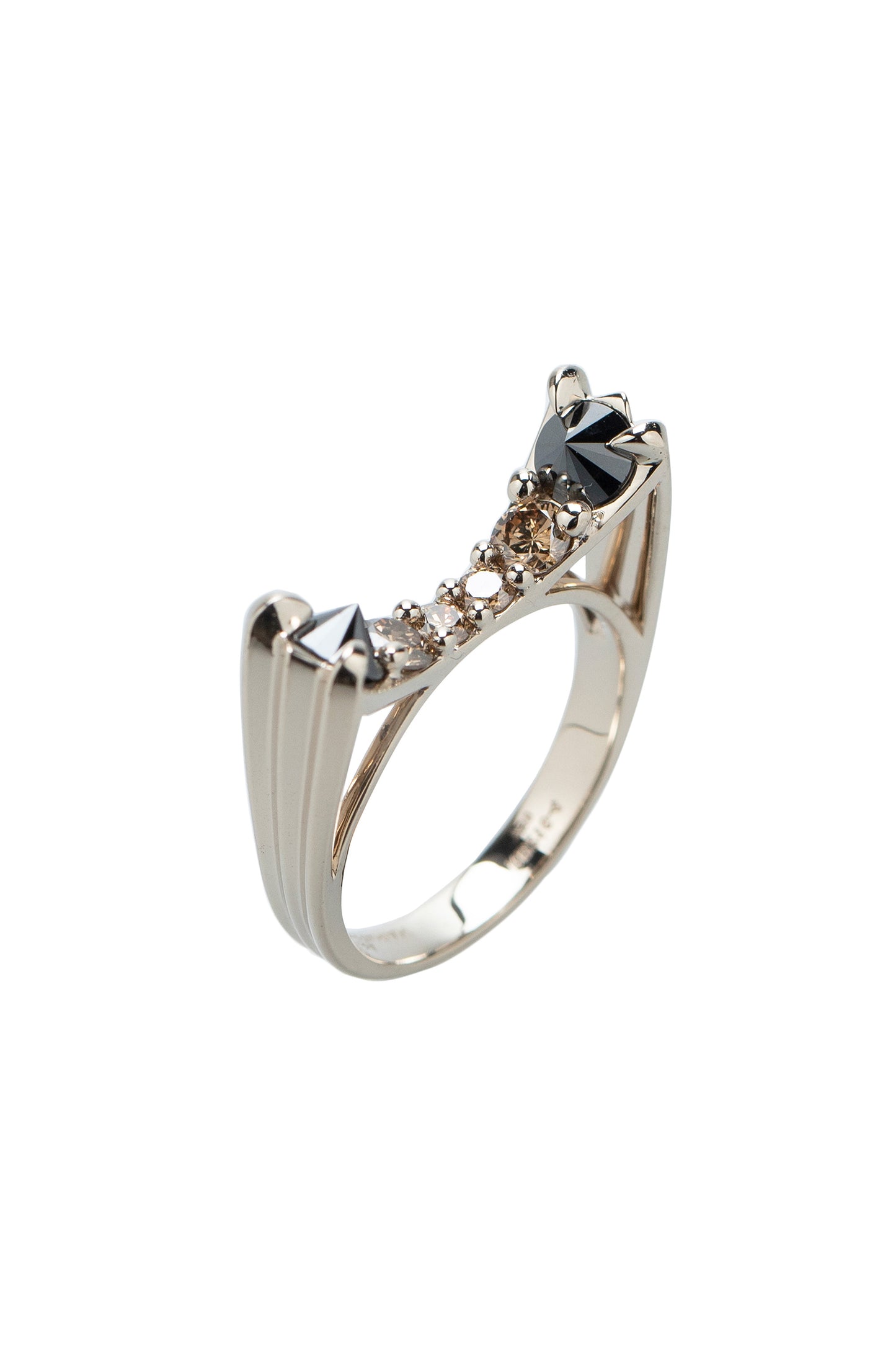 Inverted black diamond cat ring with brown diamonds in 18k white gold