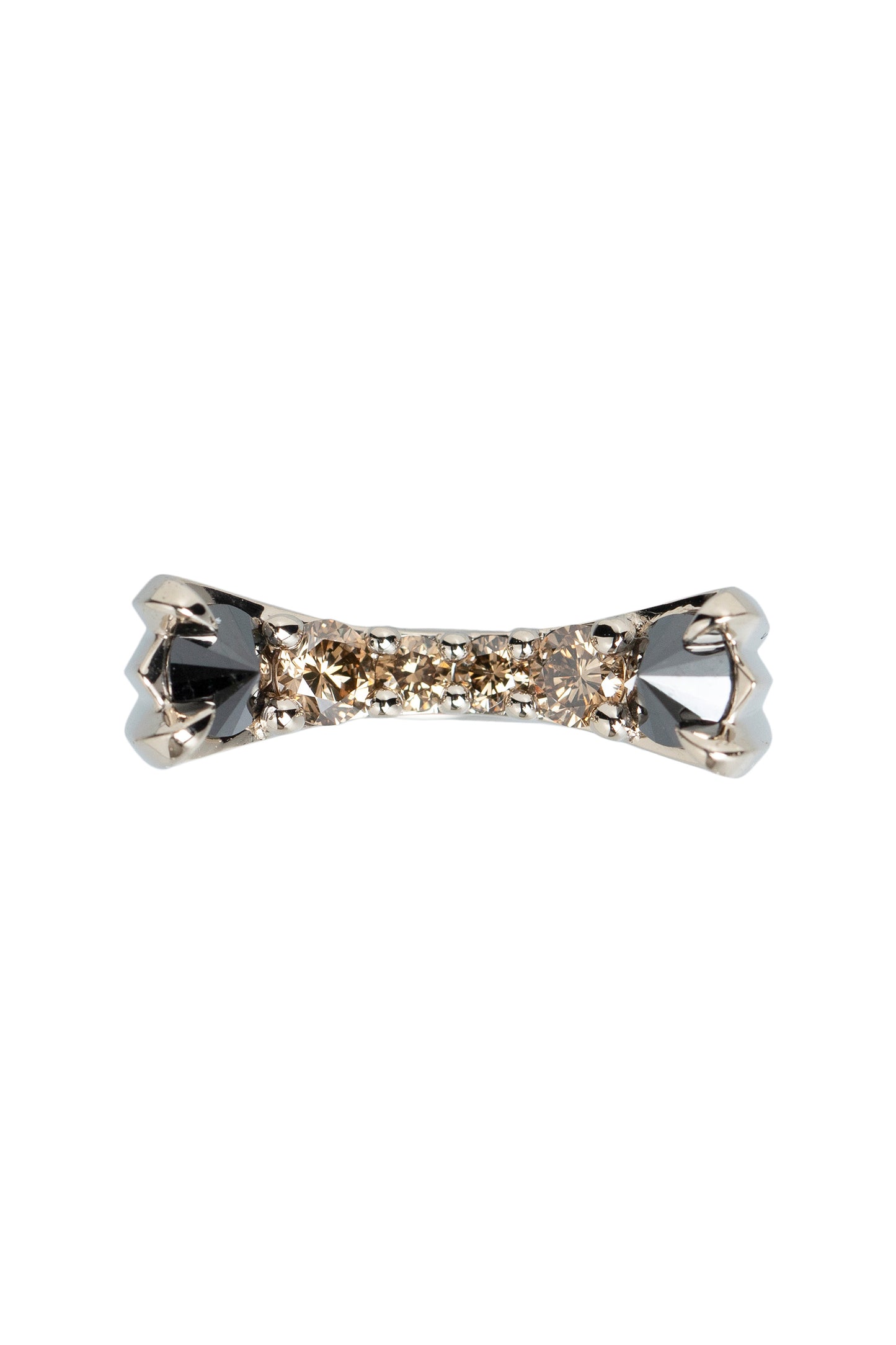 Inverted black diamond cat ring with brown diamonds in 18k white gold