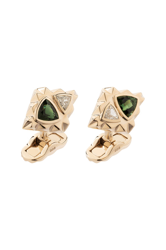 Green Tourmaline ARA X MR DEAN cufflinks with white diamonds in 18k white gold.