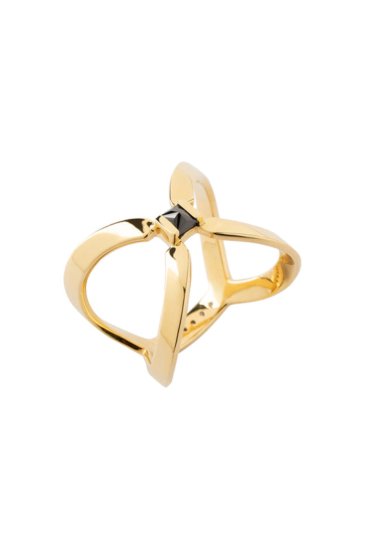 Black diamond ring with white diamonds in 18k yellow gold