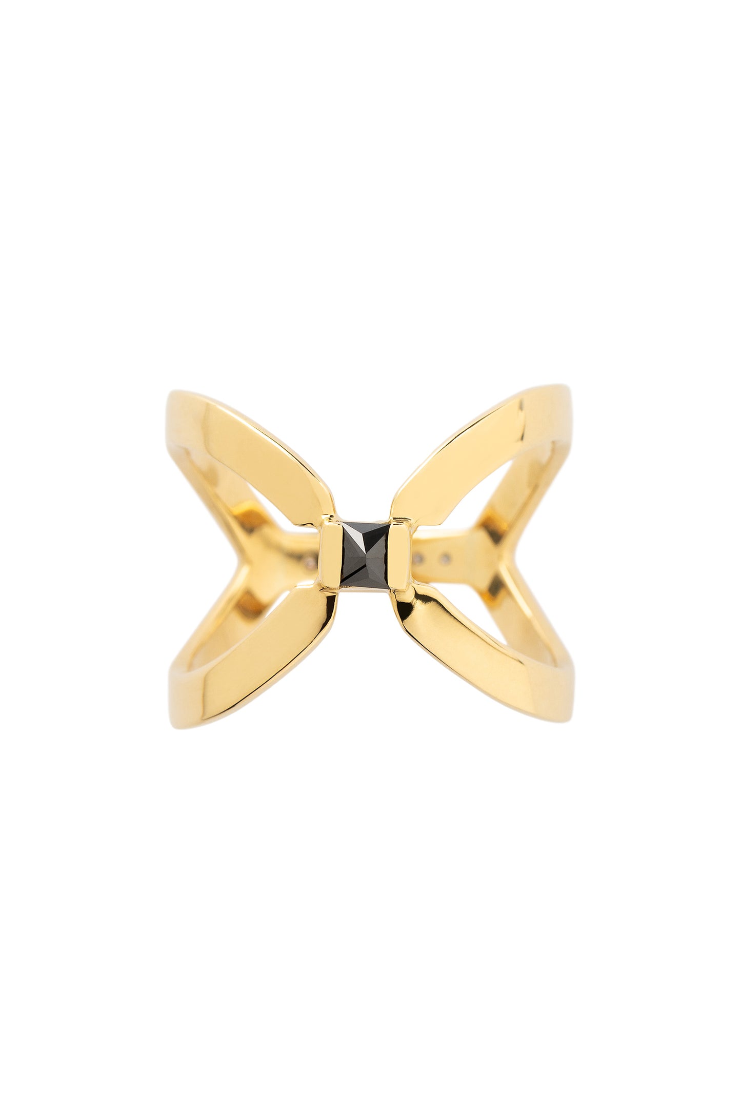 Black diamond ring with white diamonds in 18k yellow gold