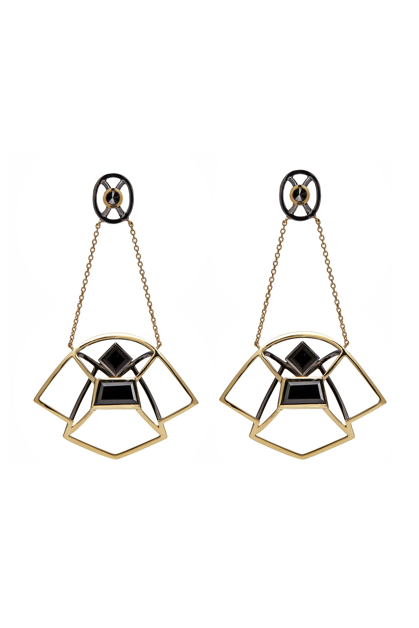 Black quartz earrings with black diamonds in 18k yellow gold