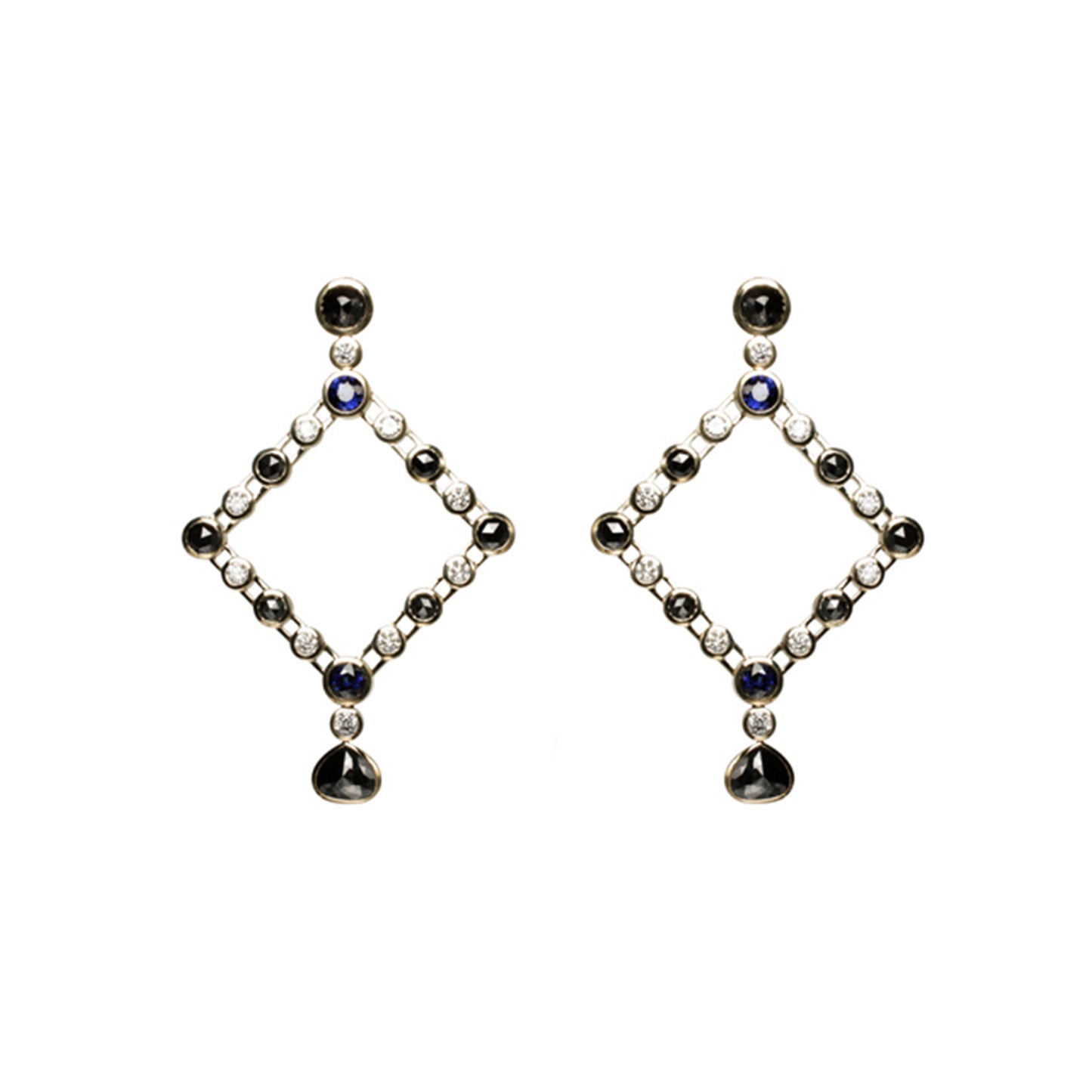 Blue sapphire earrings with black and white diamonds in 18k yellow gold