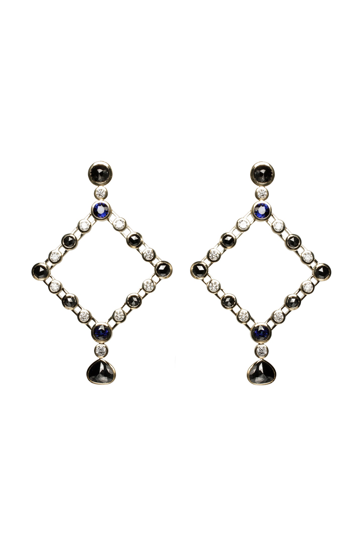 Blue sapphire earrings with black and white diamonds in 18k yellow gold