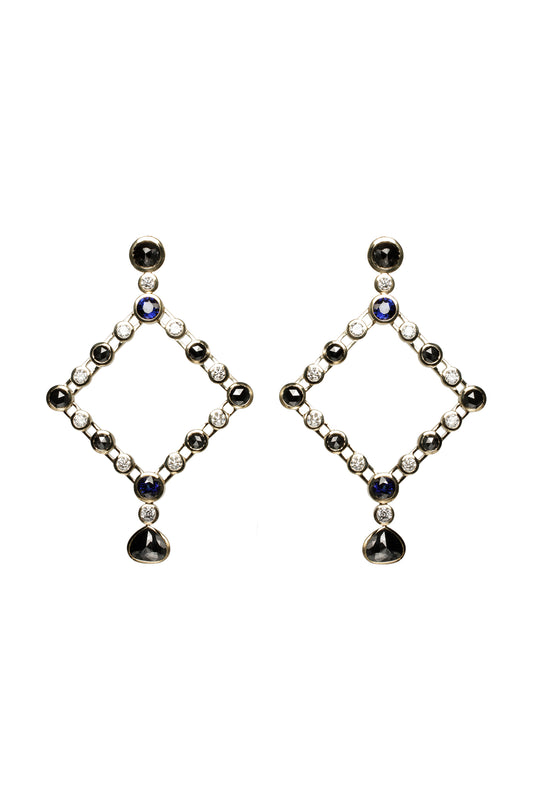 Blue sapphire earrings with black and white diamonds in 18k yellow gold