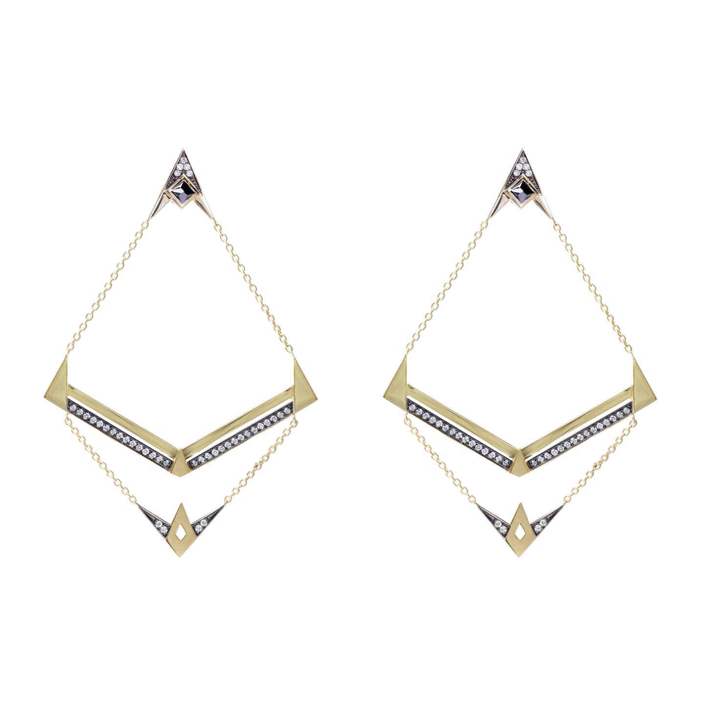 Black diamond earrings with white diamonds in 18k yellow gold