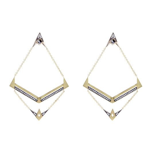 Black diamond earrings with white diamonds in 18k yellow gold