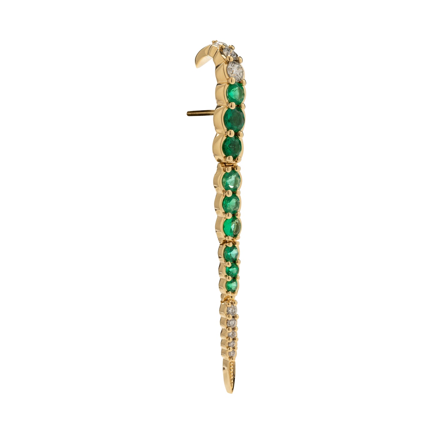 Emerald single earring with white diamonds in 18k yellow gold