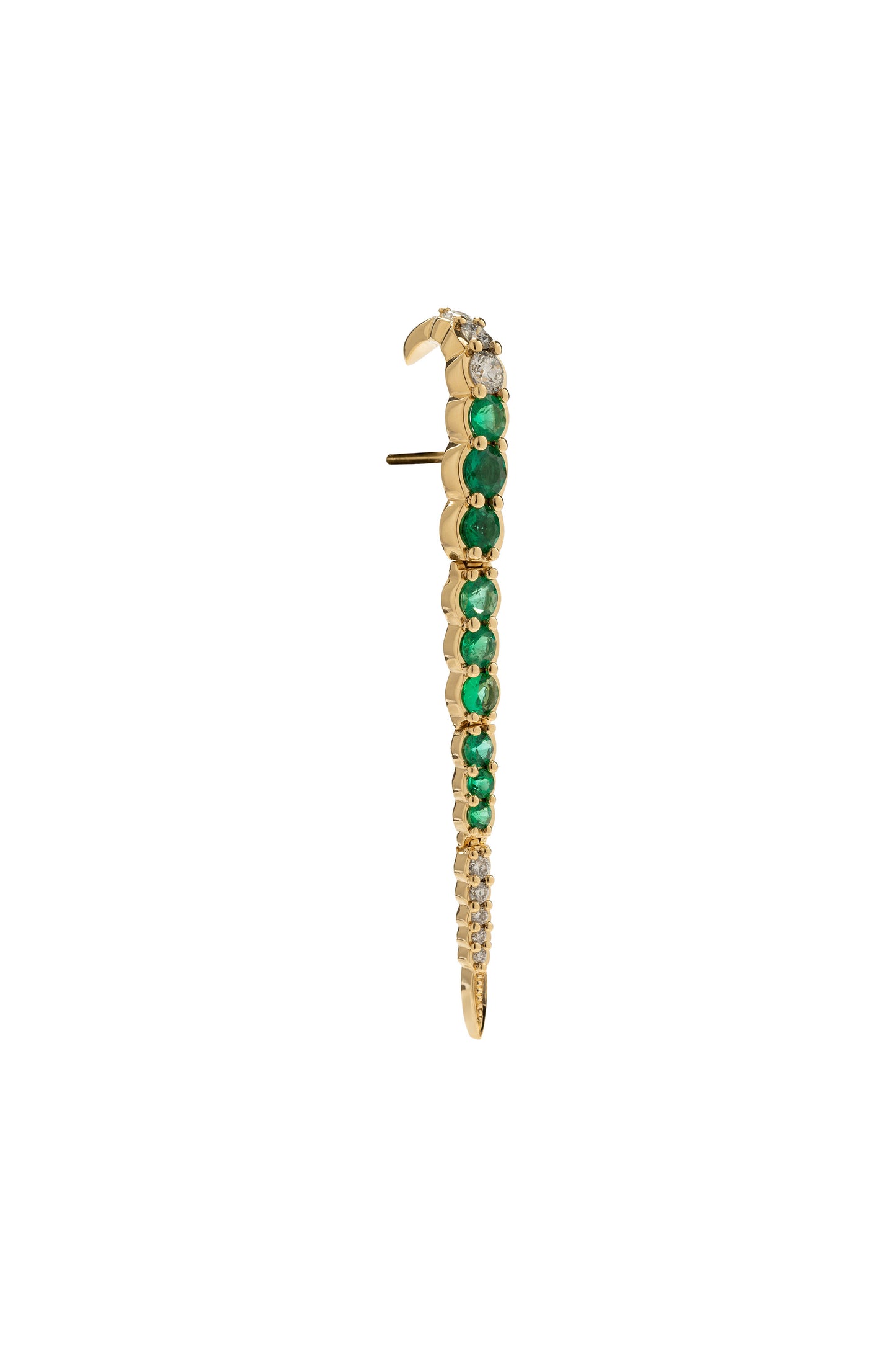 Emerald single earring with white diamonds in 18k yellow gold