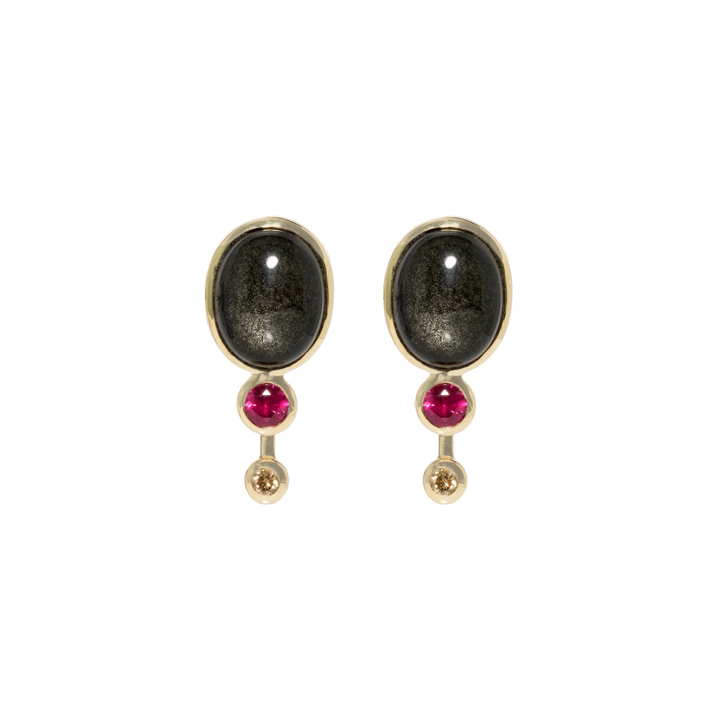 Vulcanic stone earrings with rubies and brown diamonds in 18k yellow gold