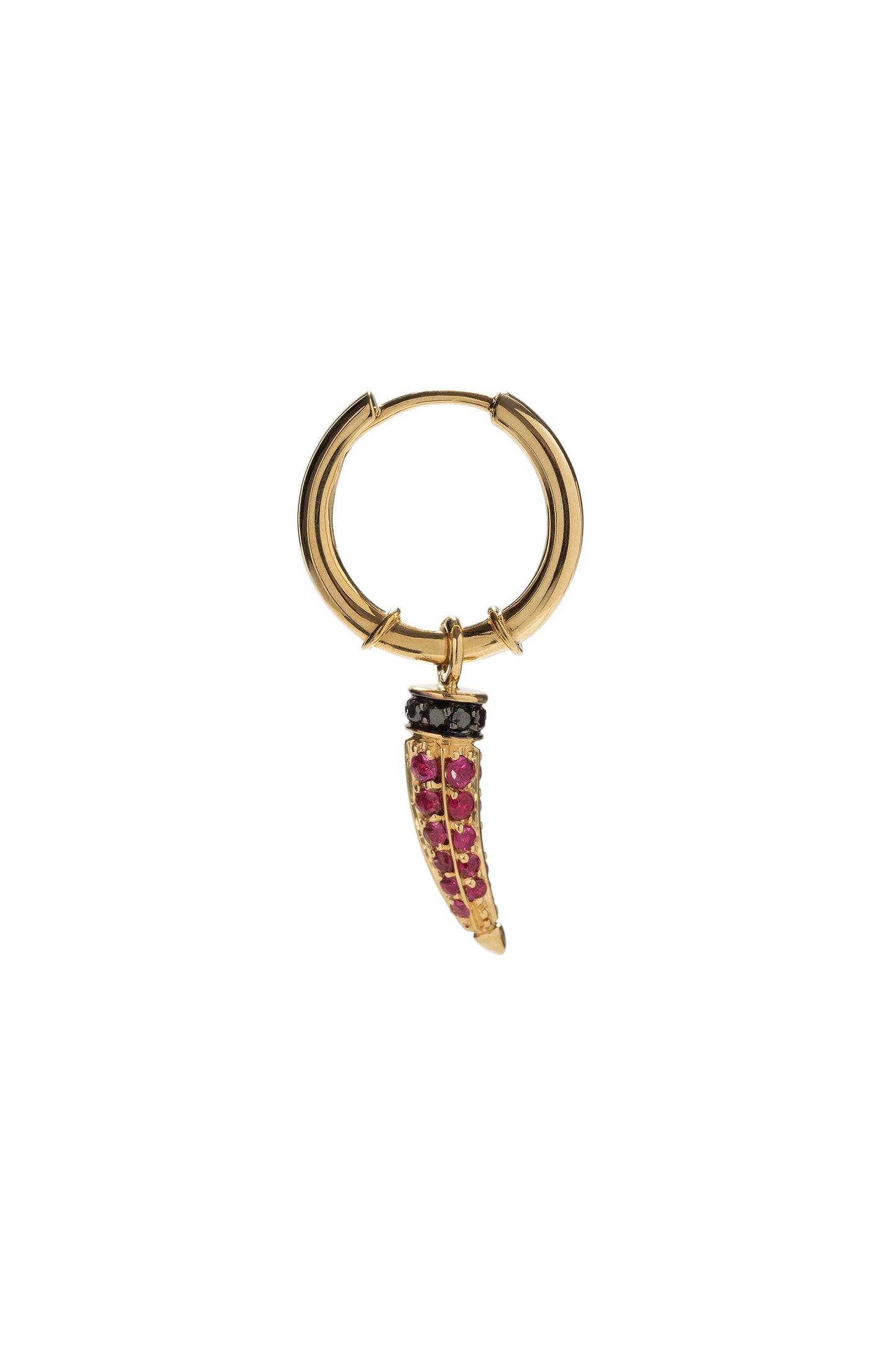 Ruby Horn mini single earring with black diamonds in 18k yellow gold