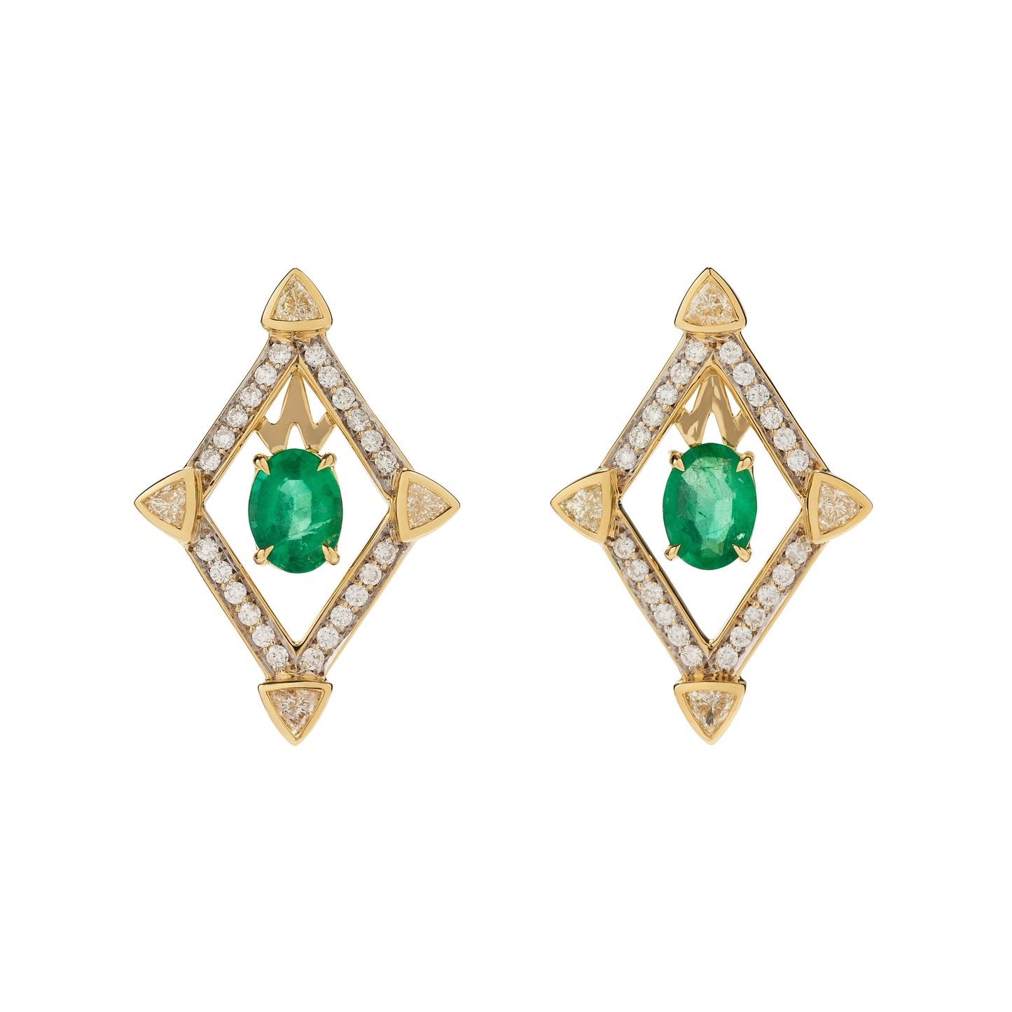 Emerald earrings with white diamonds in 18k yellow gold