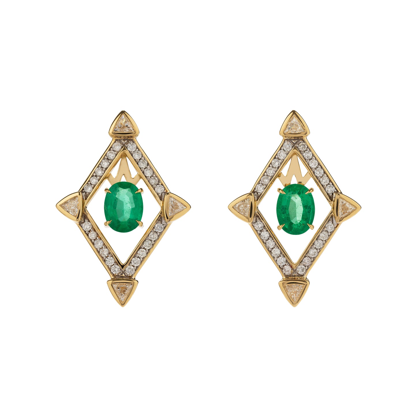 Emerald earrings with white diamonds in 18k yellow gold