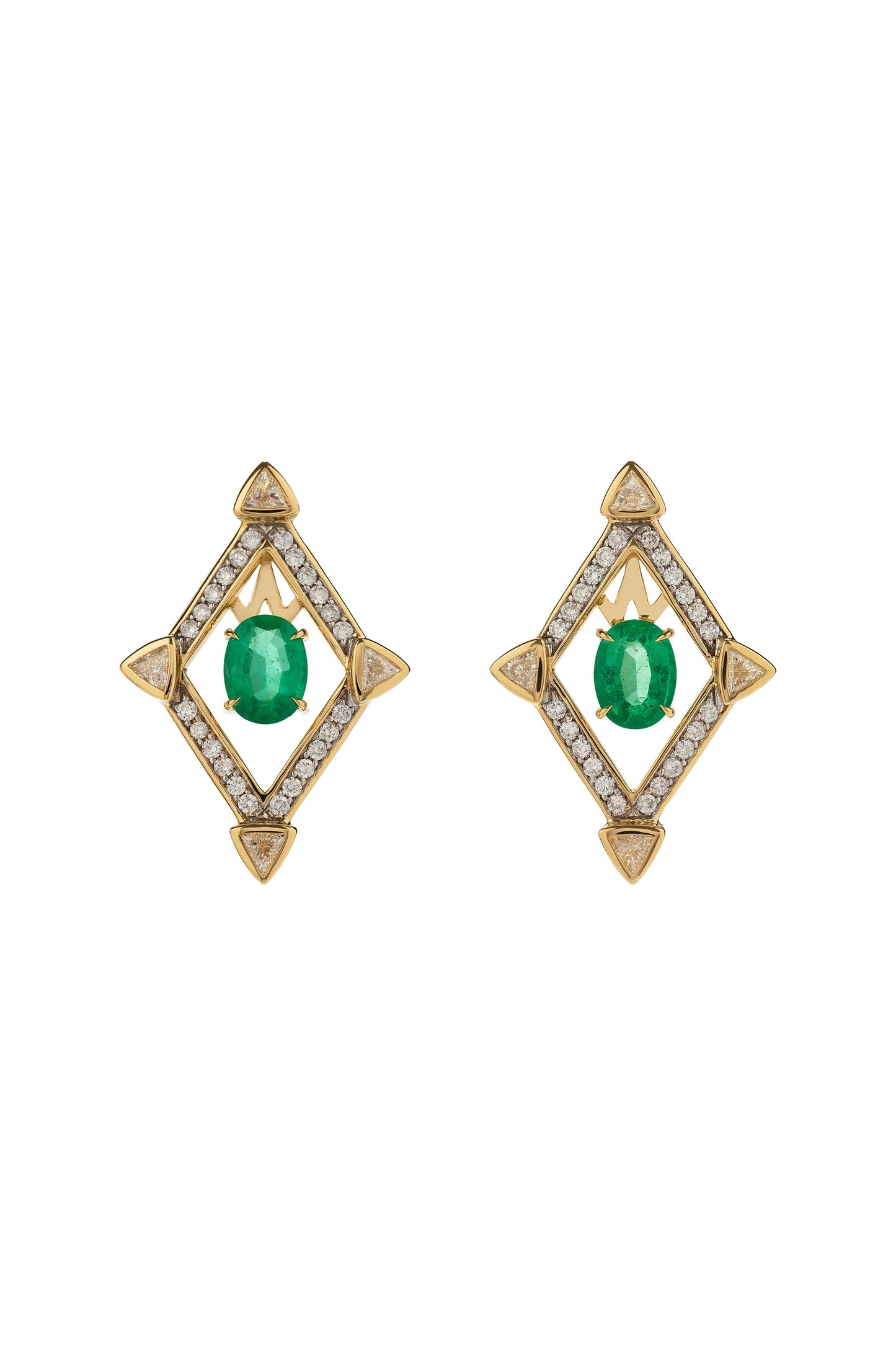 Emerald earrings with white diamonds in 18k yellow gold