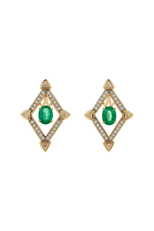 Emerald earrings with white diamonds in 18k yellow gold