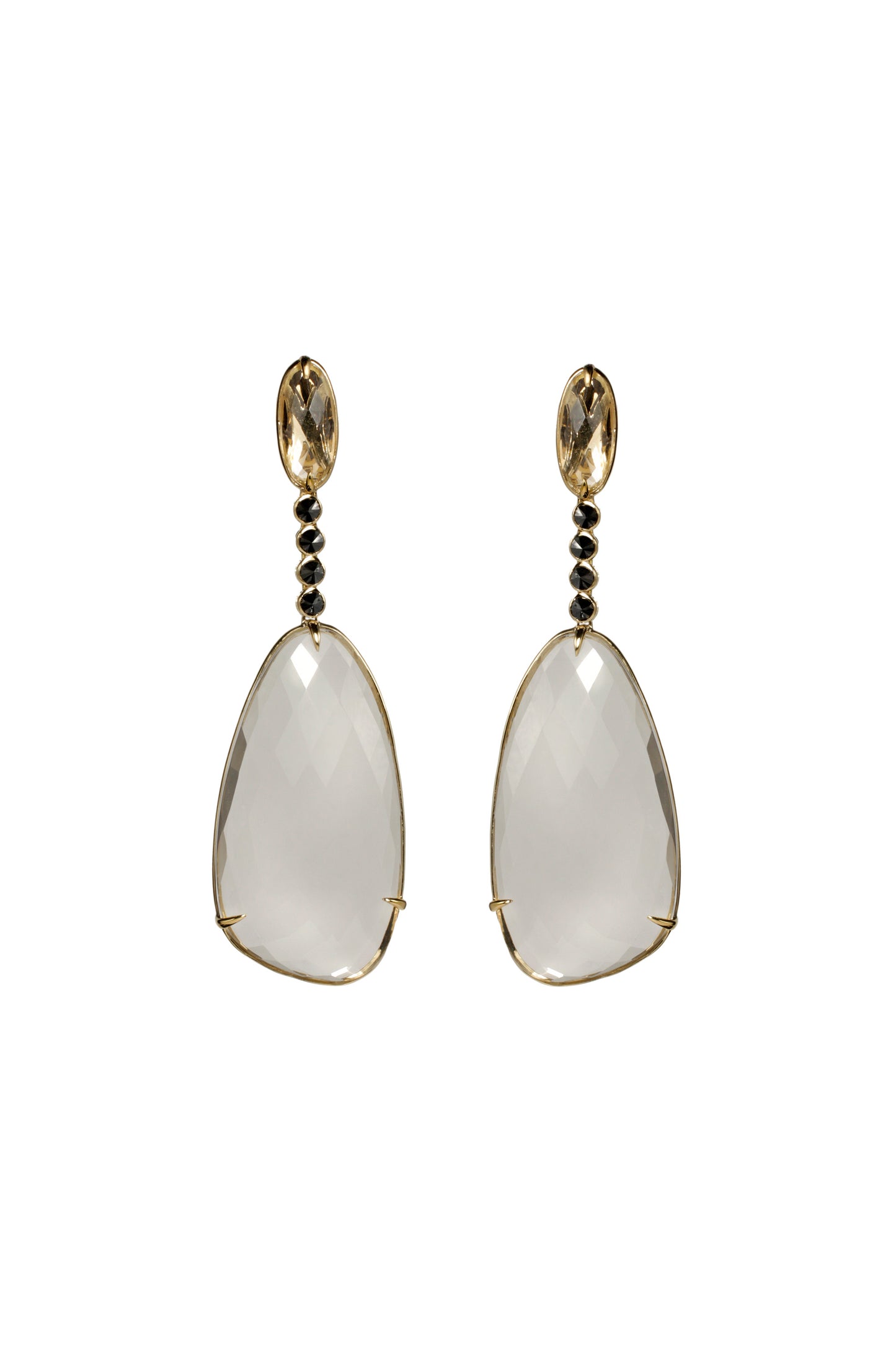 Crystal earrings with black diamonds in 18k yellow gold