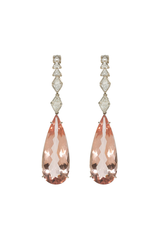 Morganite earrings with white diamonds in 18k white gold
