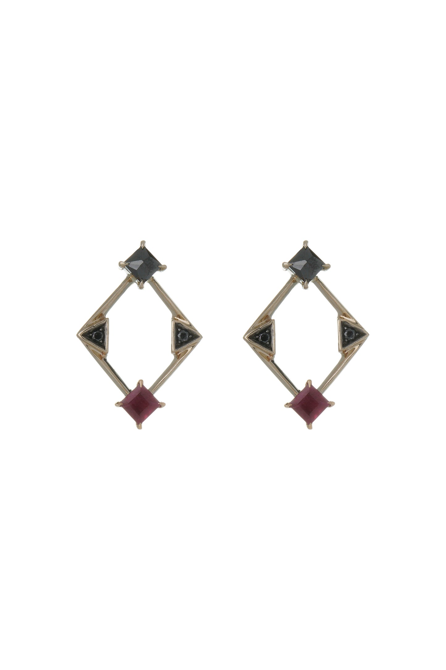 Ruby earrings with black diamonds in 18k white gold