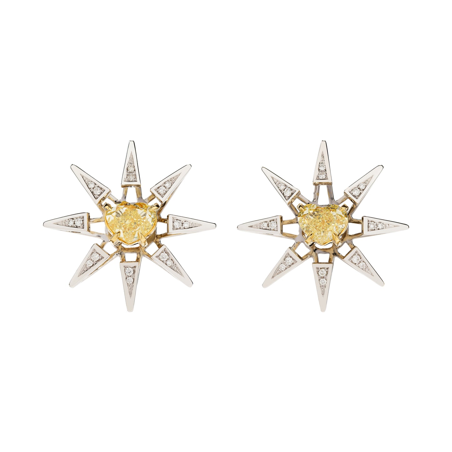 Fancy yellow Pulsar earrings with white diamonds in 18k white gold