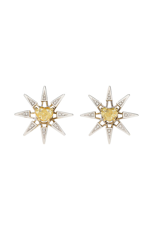 Fancy yellow Pulsar earrings with white diamonds in 18k white gold