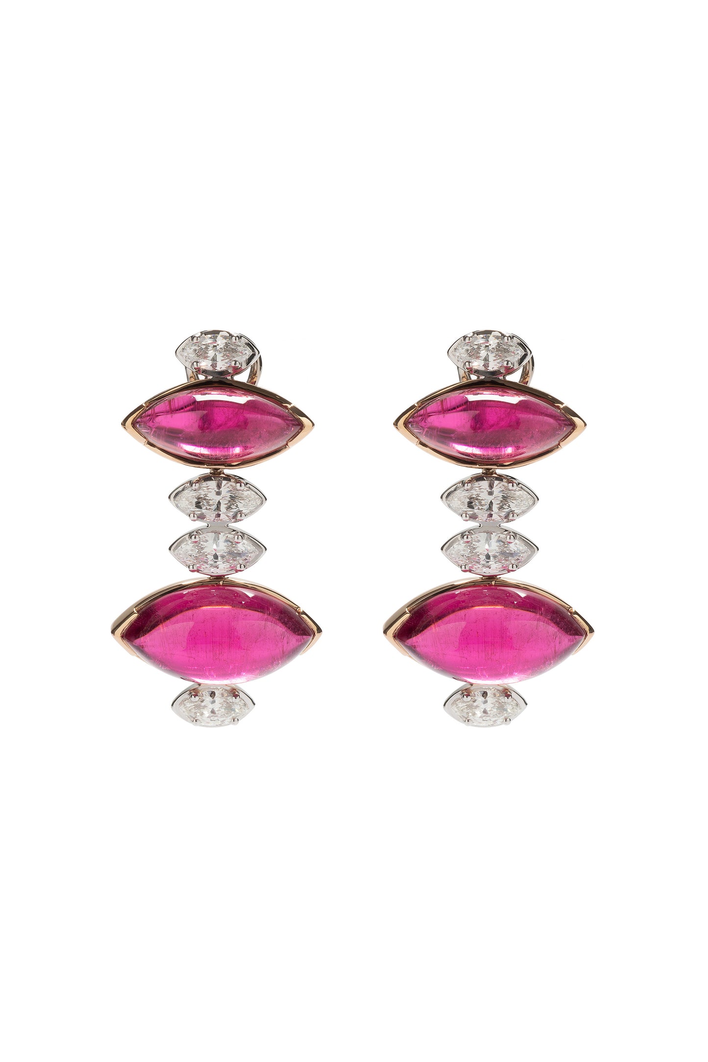 Rubellite earrings with white diamonds in 18k white and rose gold