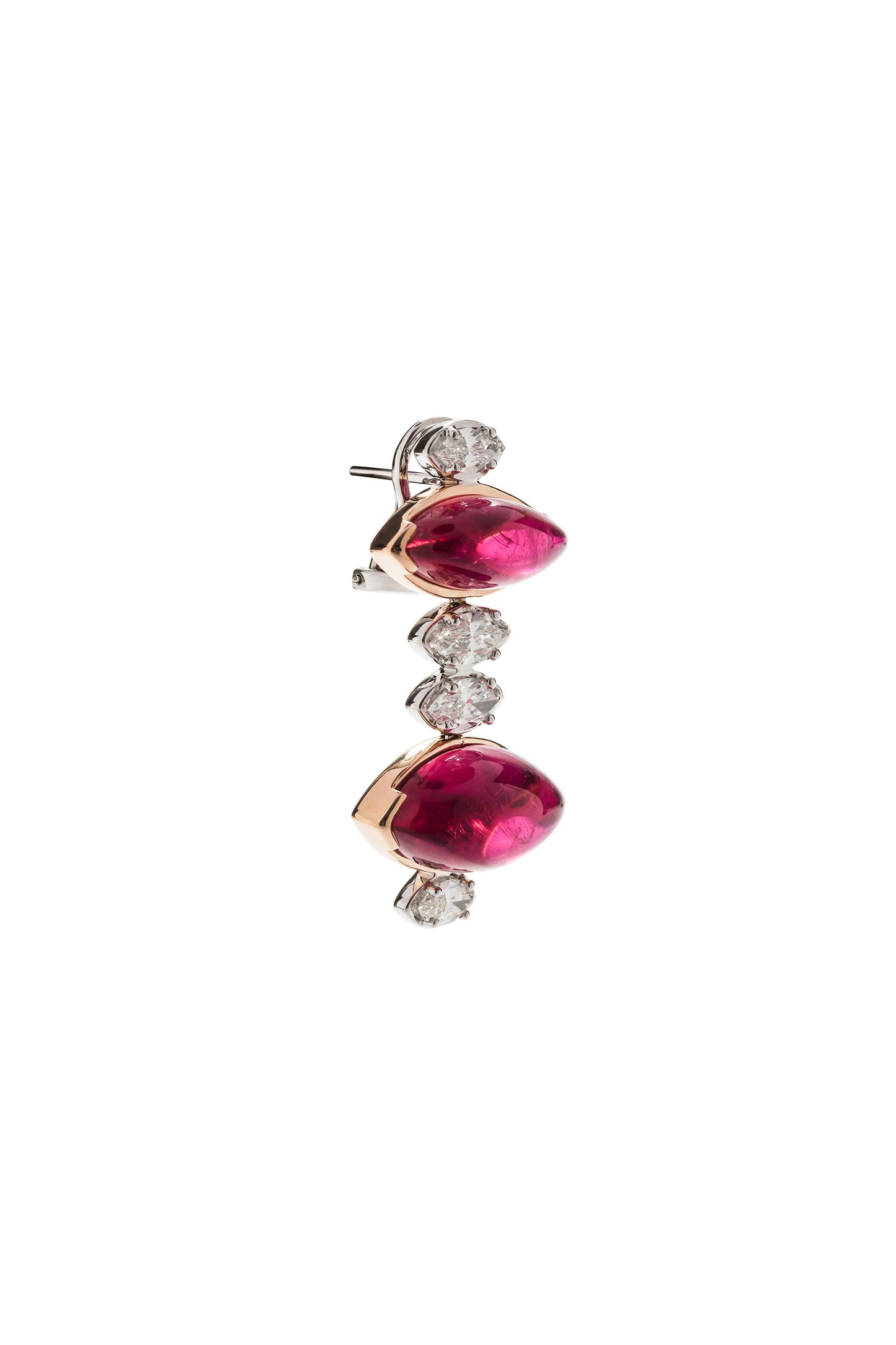 Rubellite earrings with white diamonds in 18k white and rose gold