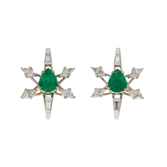 Emerald  Pulsar earrings with white diamonds in 18k white and yellow gold