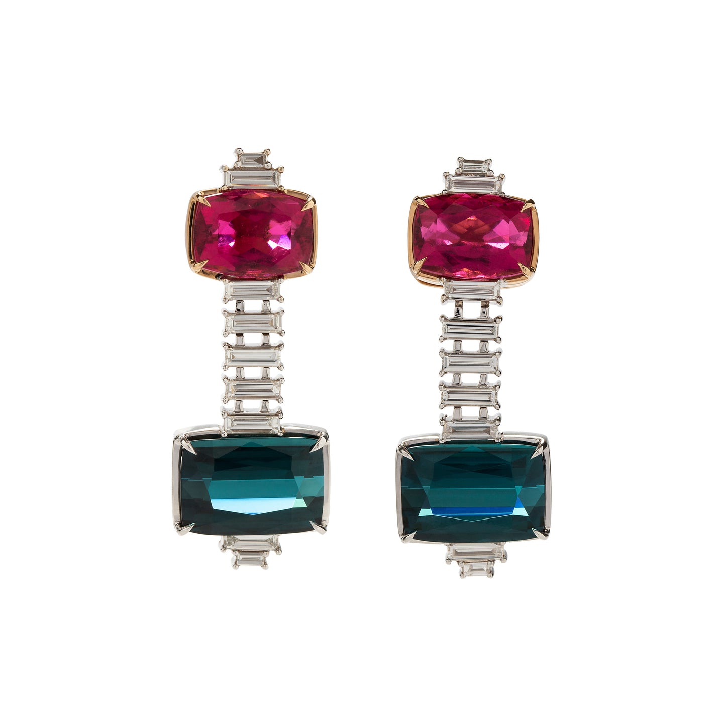 Indicolite tourmaline and rubellite earrings with white diamonds in 18k white and rose gold