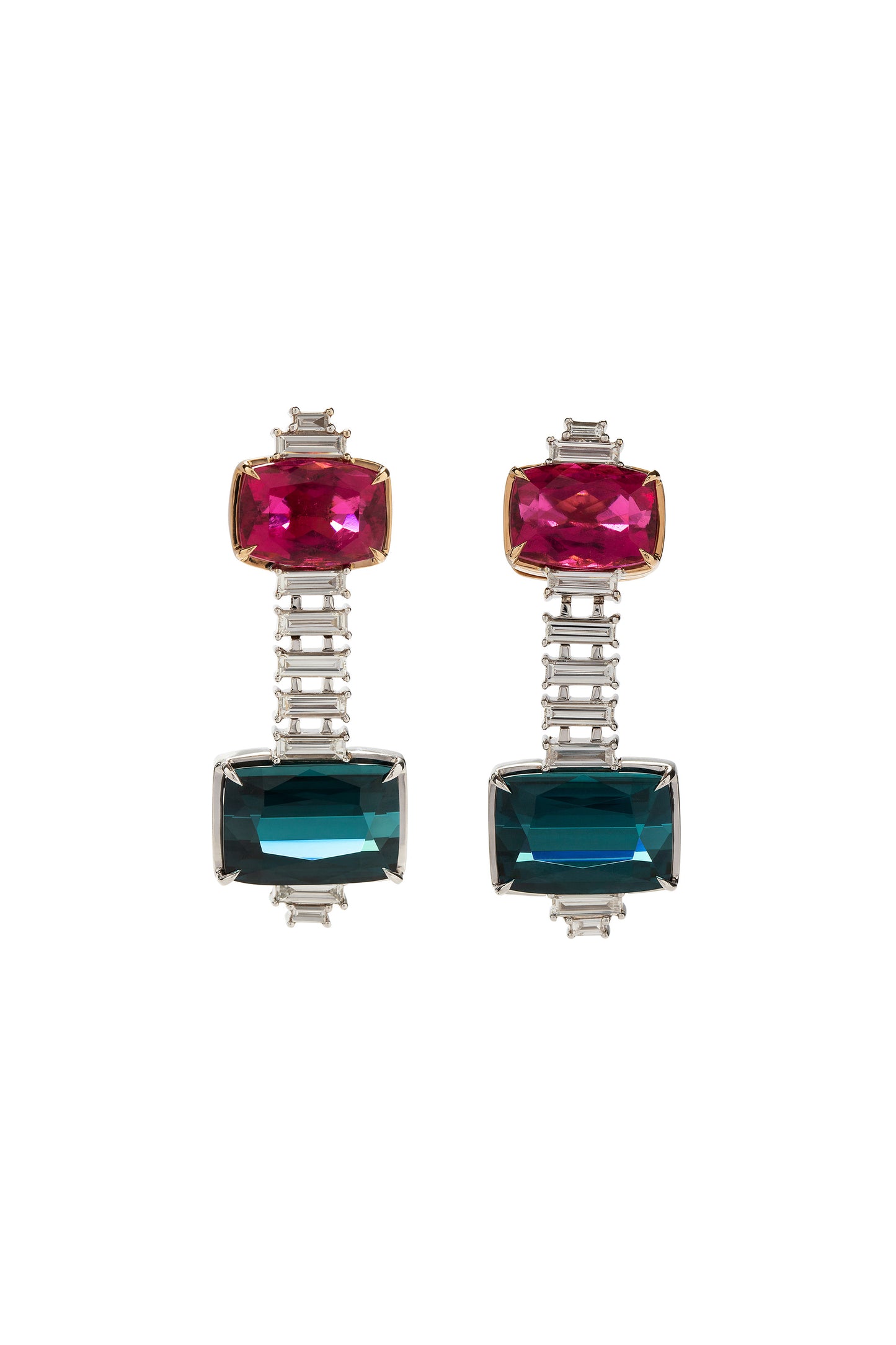 Indicolite tourmaline and rubellite earrings with white diamonds in 18k white and rose gold