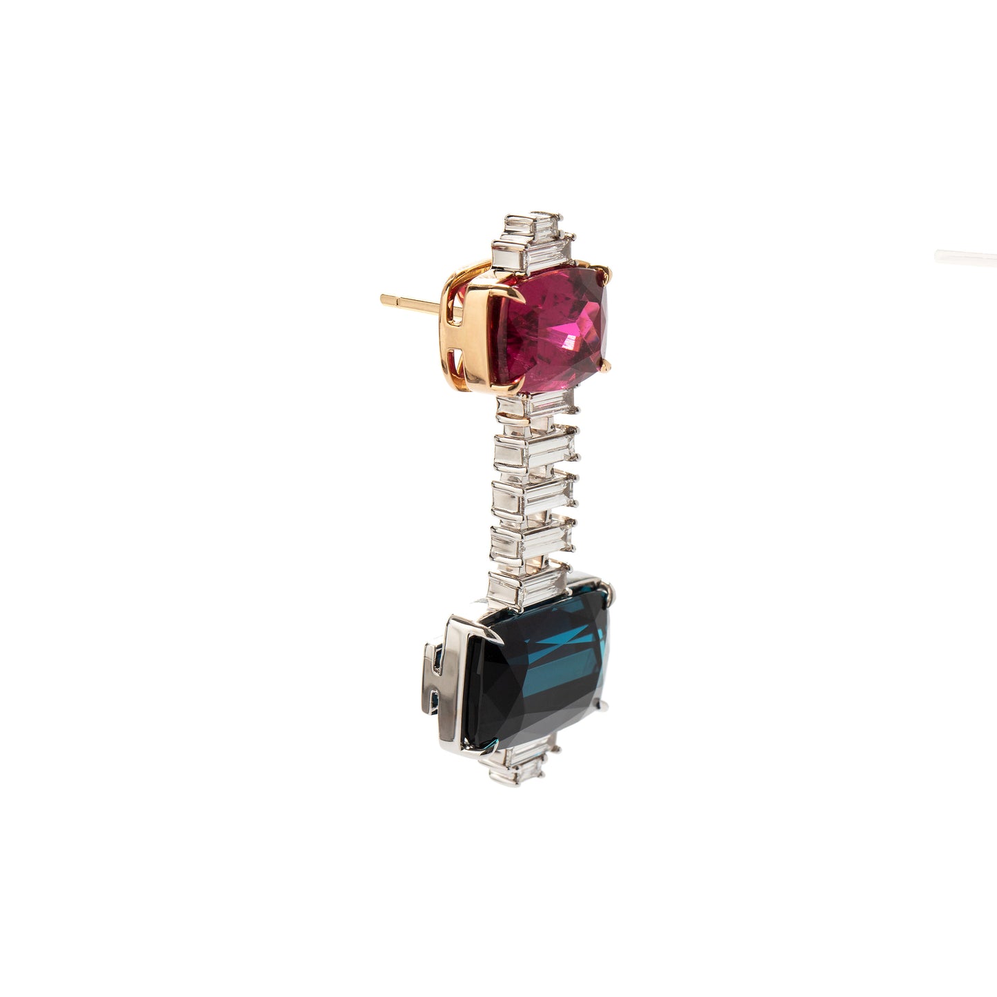 Indicolite tourmaline and rubellite earrings with white diamonds in 18k white and rose gold