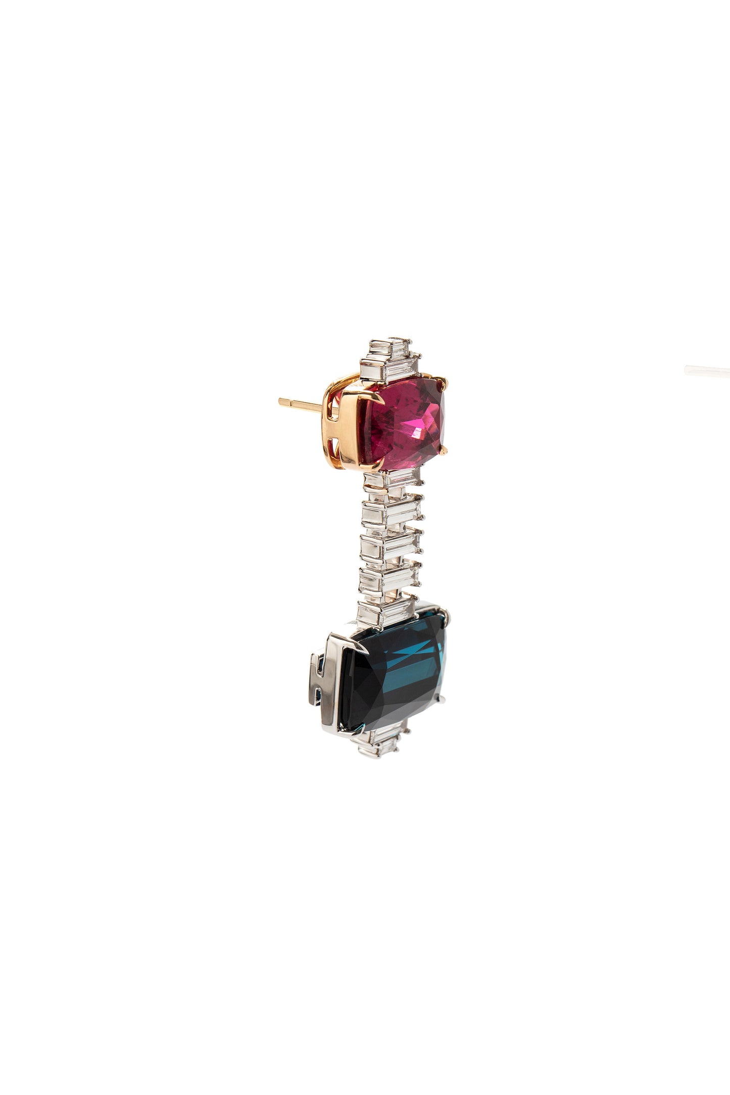 Indicolite tourmaline and rubellite earrings with white diamonds in 18k white and rose gold