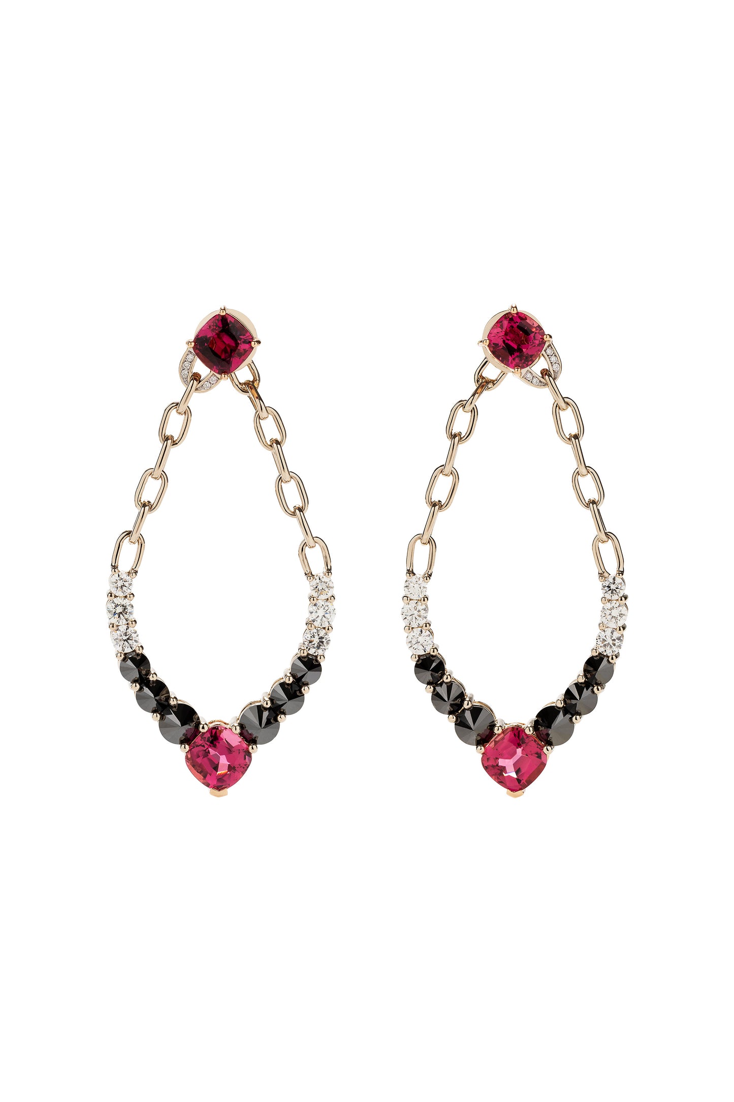 Rubellite River Chain earrings with inverted black diamonds and white diamonds in 18k white and rose gold