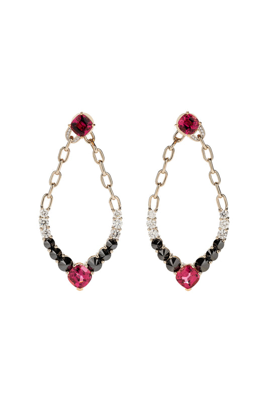 Rubellite River Chain earrings with inverted black diamonds and white diamonds in 18k white and rose gold