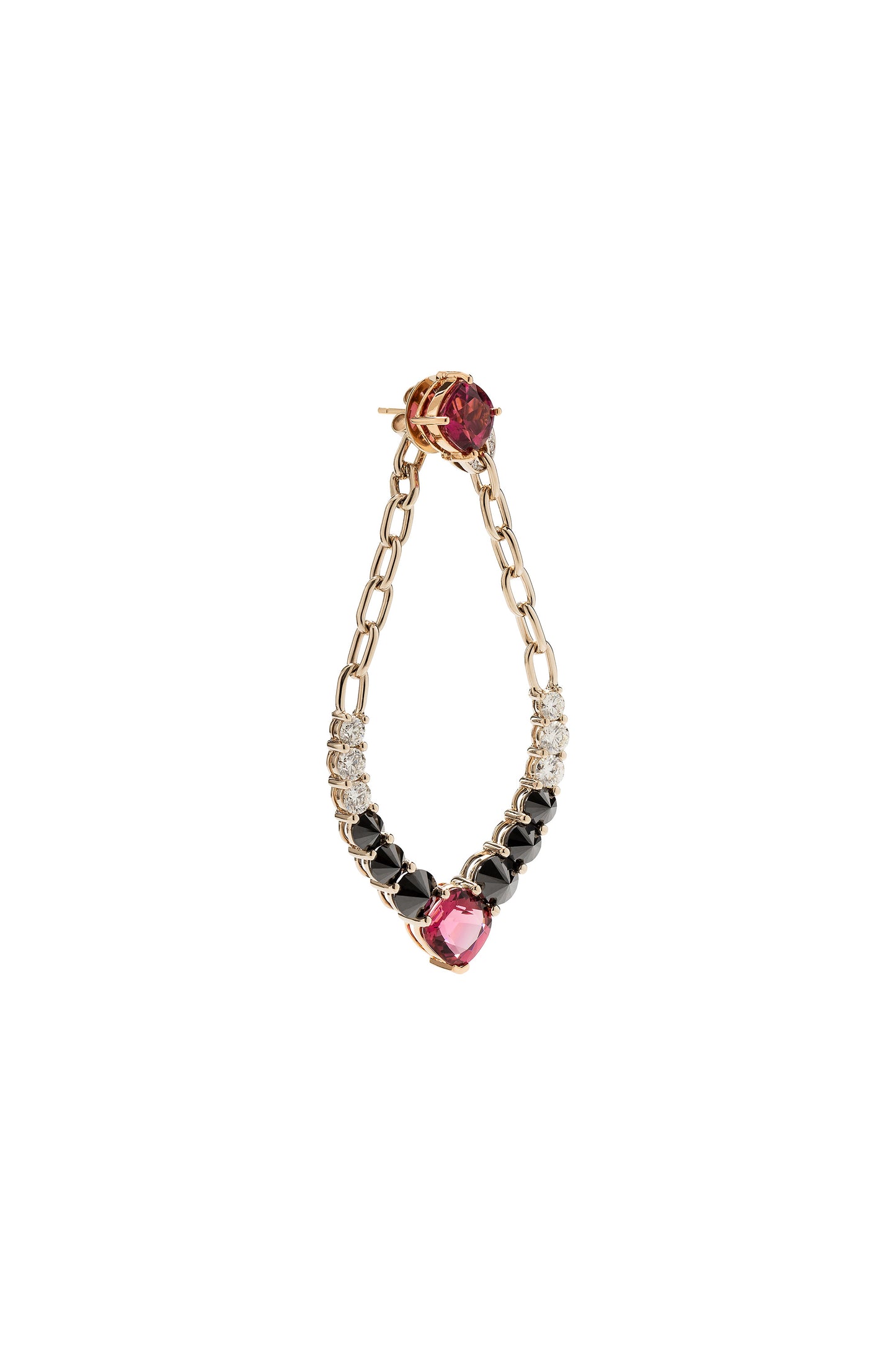 Rubellite River Chain earrings with inverted black diamonds and white diamonds in 18k white and rose gold