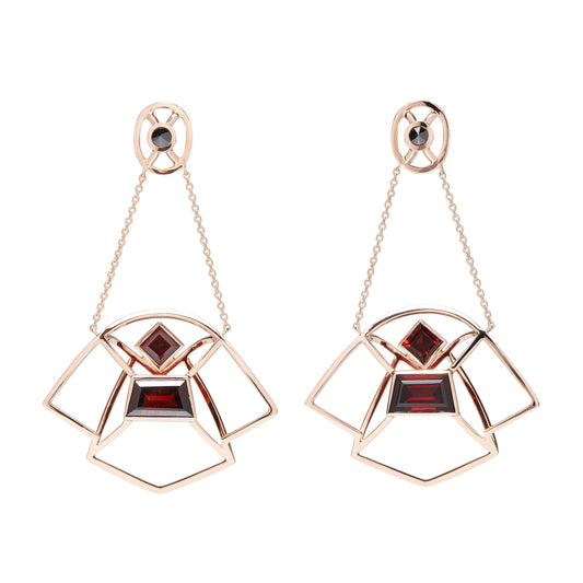 Garnet earrings with inverted black diamonds in 18k rose gold