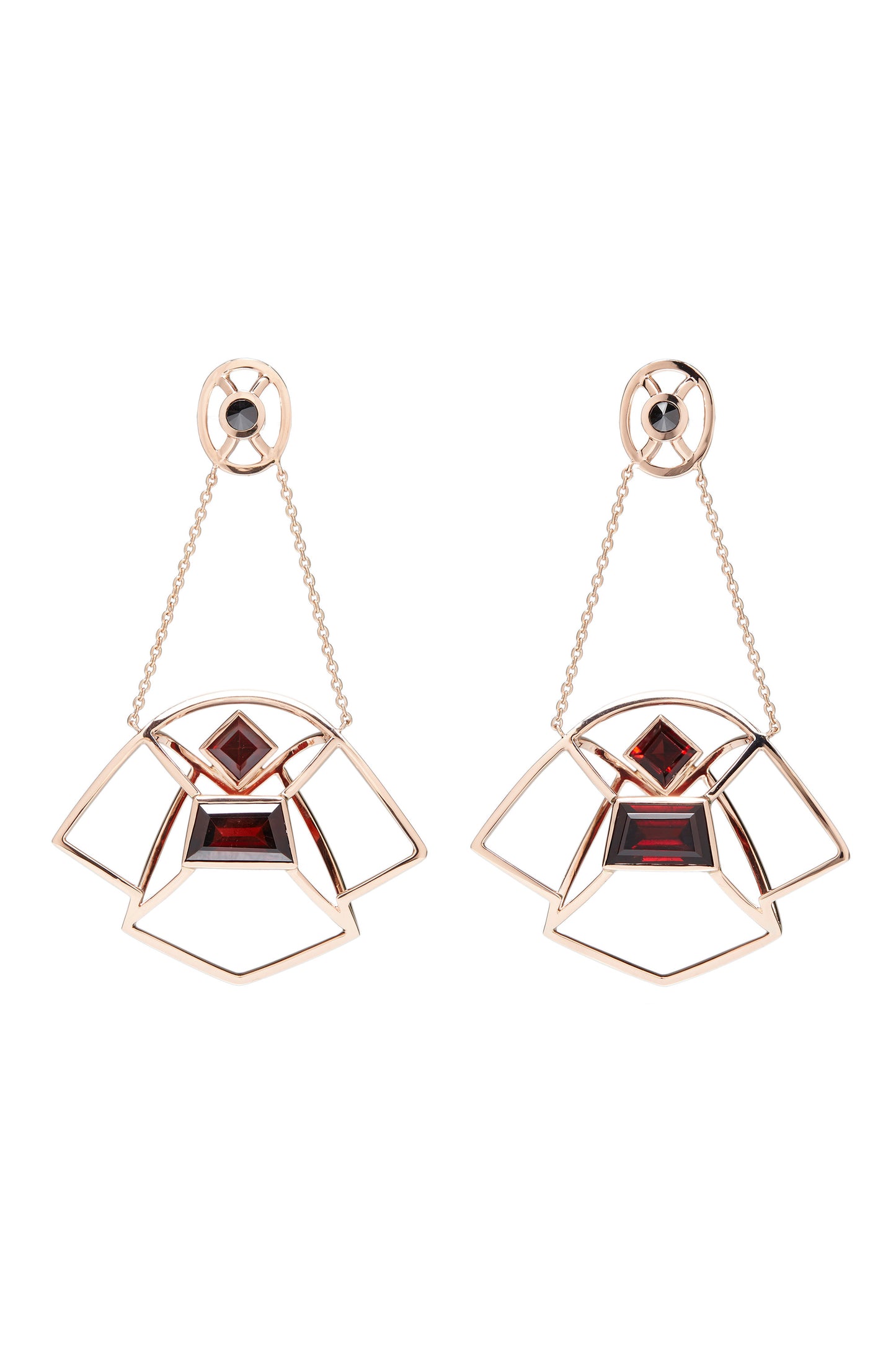 Garnet earrings with inverted black diamonds in 18k rose gold