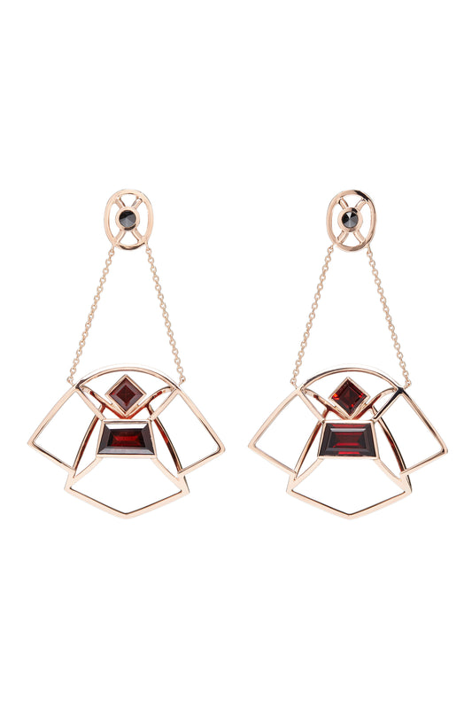 Garnet earrings with inverted black diamonds in 18k rose gold